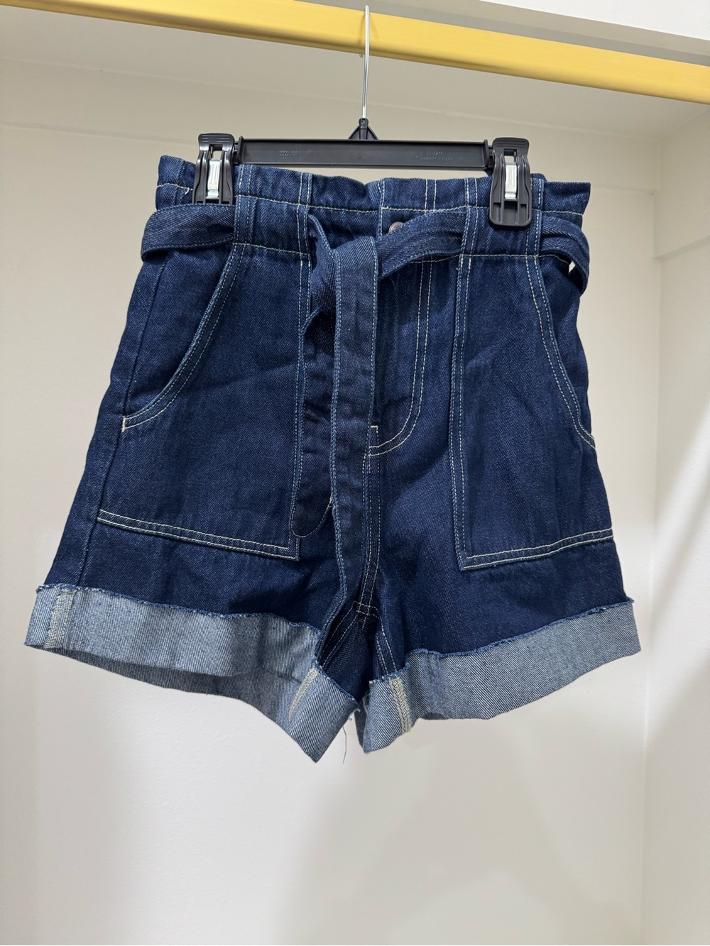 Women's Dark Blue Denim Paperbag Shorts with Belt